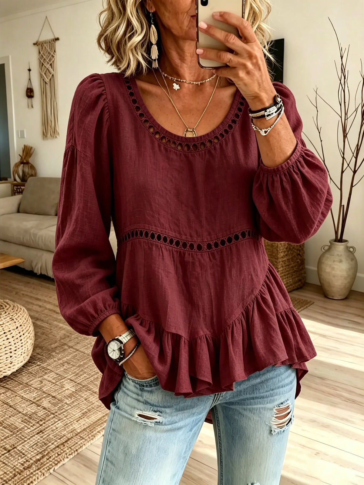 Women Solid Hollow Spliced Puff Sleeve Ruffle Hem Linen Blouse