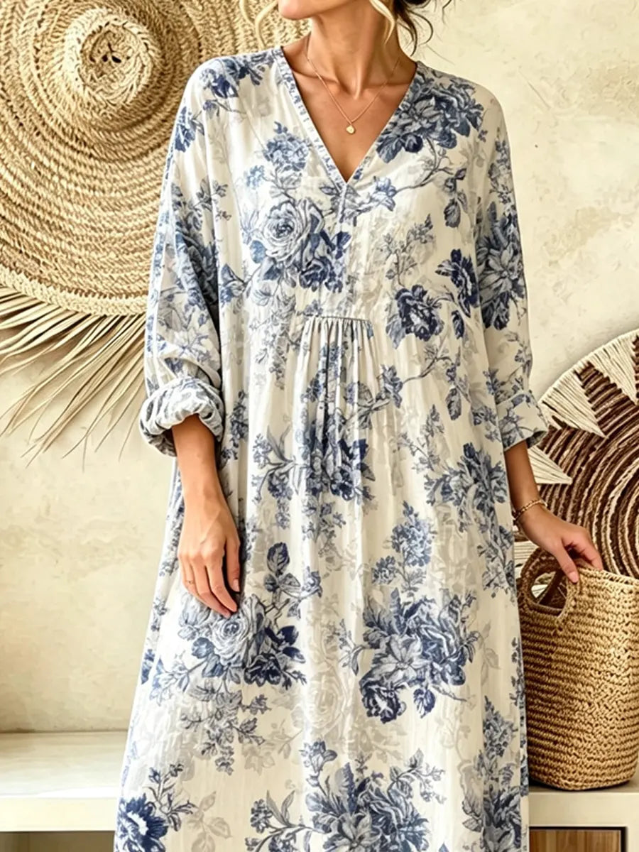 Retro Floral Pattern Art Print Casual V-neck Cotton Linen Maxi Dress