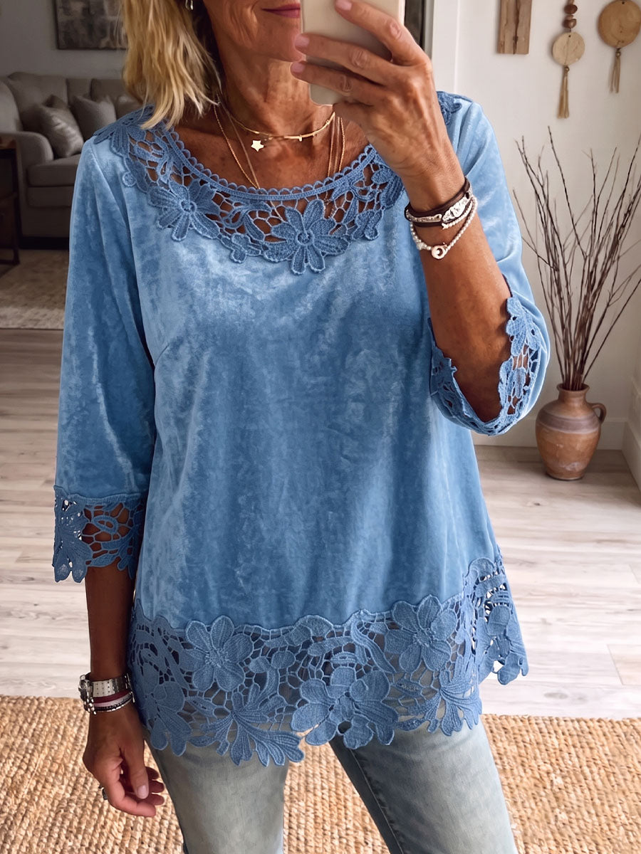 Vintage Elegant Velvet Patchwork Hollowed Out Lace Shirt