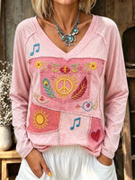 Women Hippie Patch Totem Art Print Long Sleeve Top