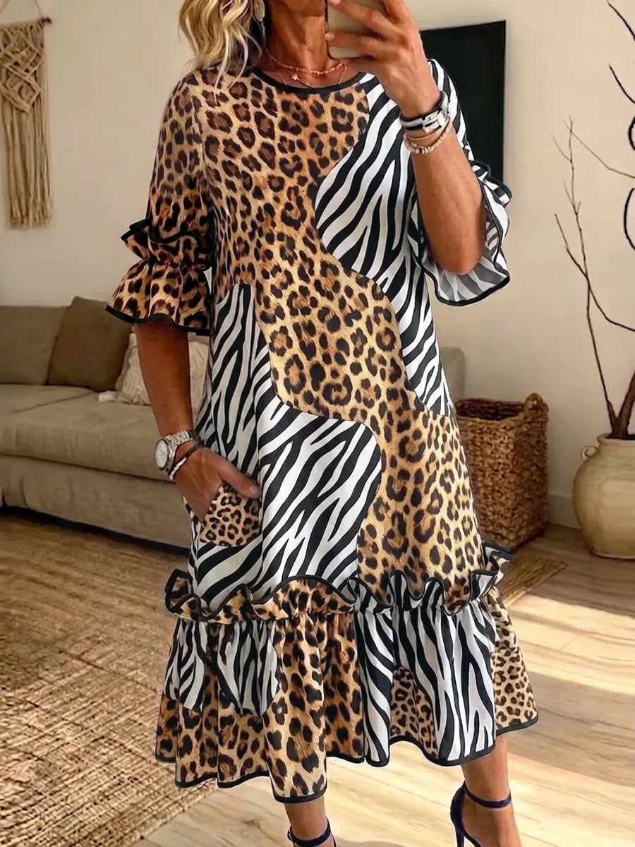 Retro Leopard Patchwork Pattern Art Print Casual Ruffle Stylish Cotton Linen Dress
