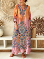 Women Gradient Orange Pink Paisley V-Neck Loose 3/4 Sleeve Maxi Dress