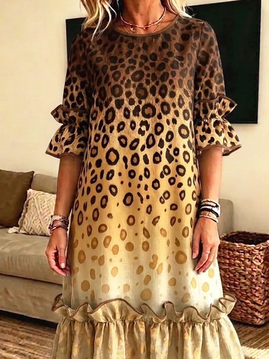 Retro Leopard Pattern Art Print Casual Ruffle Stylish Cotton Linen Dress