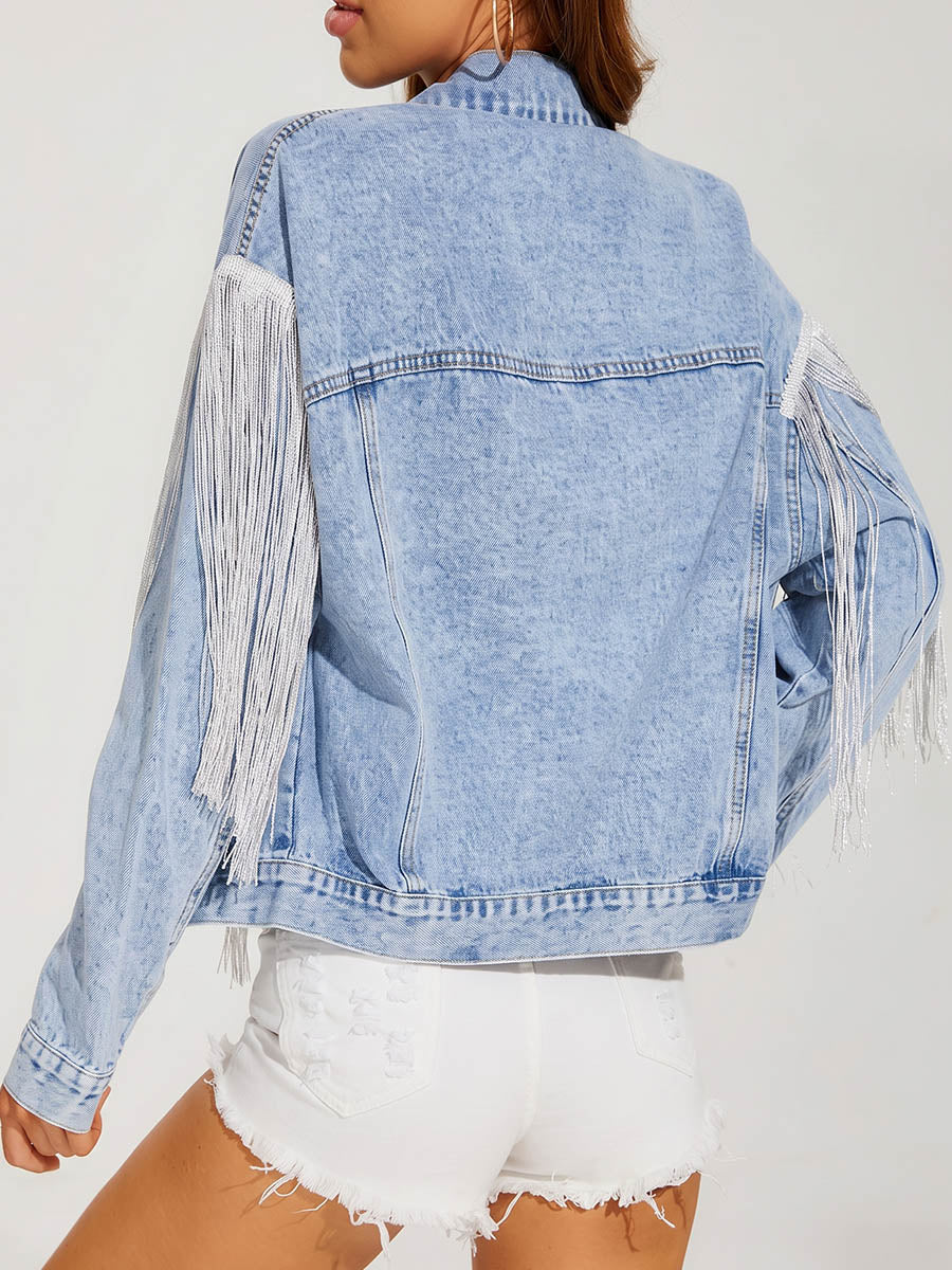 Vintage Elegant Denim Patchwork Tassels Jacket