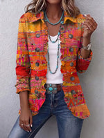 Retro Patchwork Art Pattern Print Ruffle Casual Stylish Cotton Lapel Coat