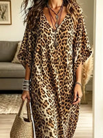 Retro Leopard Pattern Art Print Casual Stylish Cotton Linen Maxi Dress