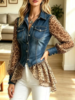 Retro Leopard Patchwork Art Print Ruffle Casual Stylish Denim Shirt