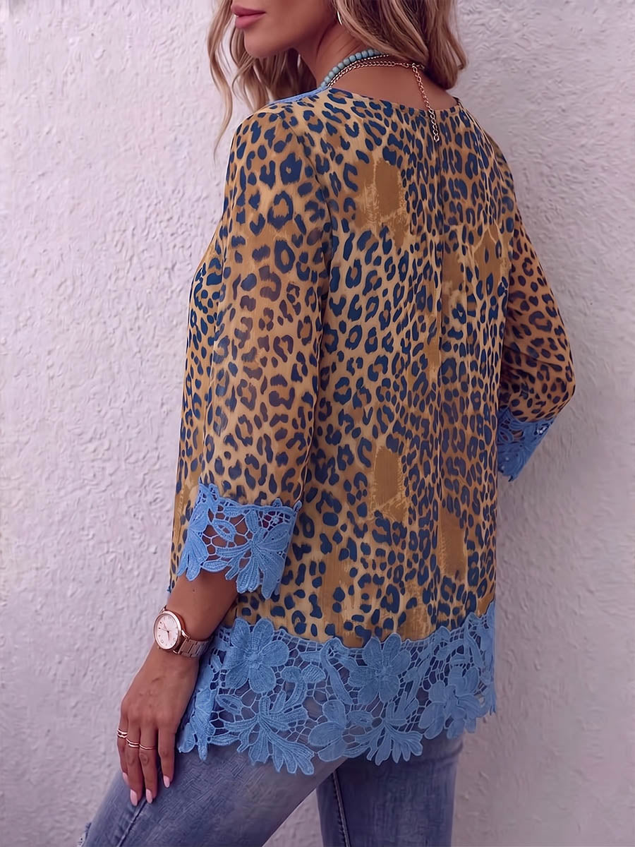 Vintage Elegant Pattern Print Patchwork Hollowed Out Lace Shirt