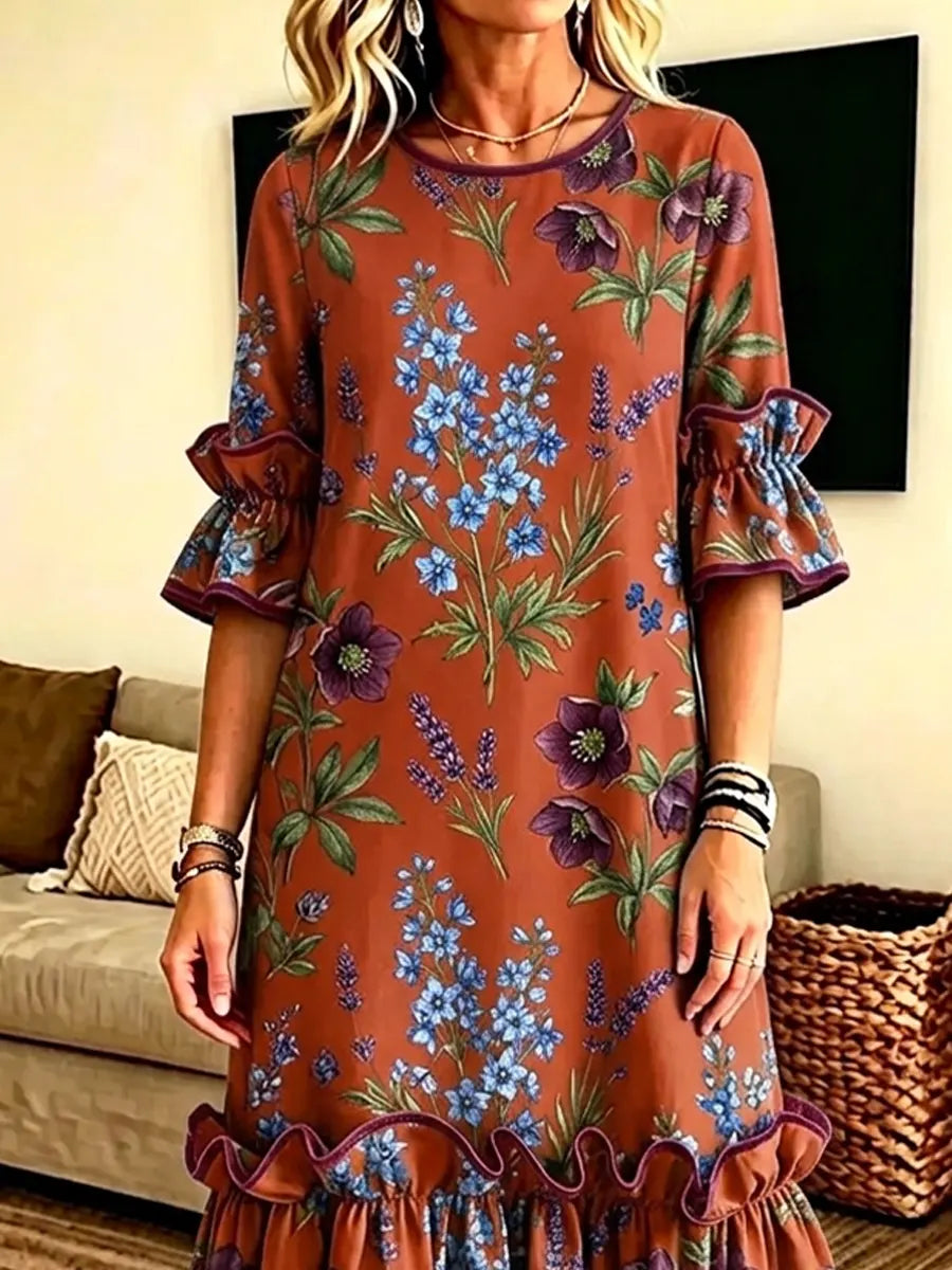 Retro Floral Pattern Art Print Casual Ruffle Stylish Cotton Linen Dress