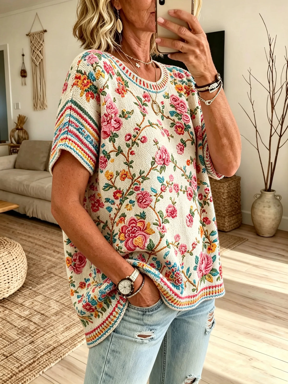 Women's Off-White Base Vintage Rose Floral Stripe Print Crew Neck Loose Short Sleeve Knit Top