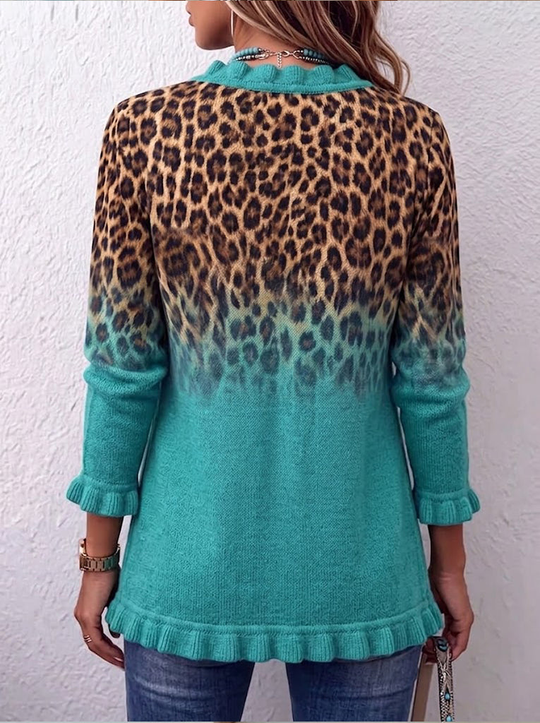 Turquoise Leopard Gradient Ruffle Trim Knit Cardigan
