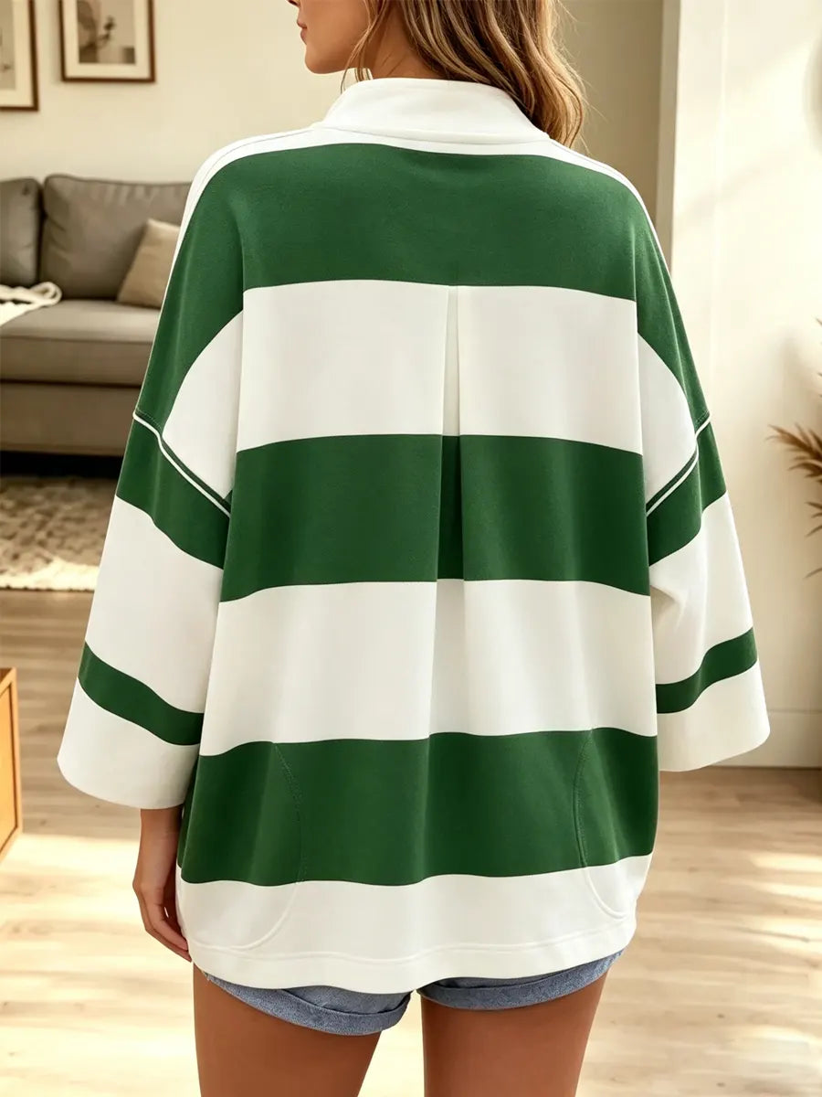 Stripe Color Block Art Print Casual Zip Long Sleeve Stylish Cotton Shirt