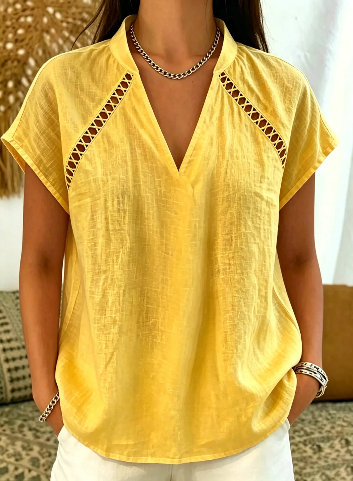 Women's V Neck Cutout Diagonal Shoulder Loose Linen Cotton Short Sleeve Top