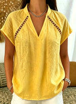 Women's V Neck Cutout Diagonal Shoulder Loose Linen Cotton Short Sleeve Top