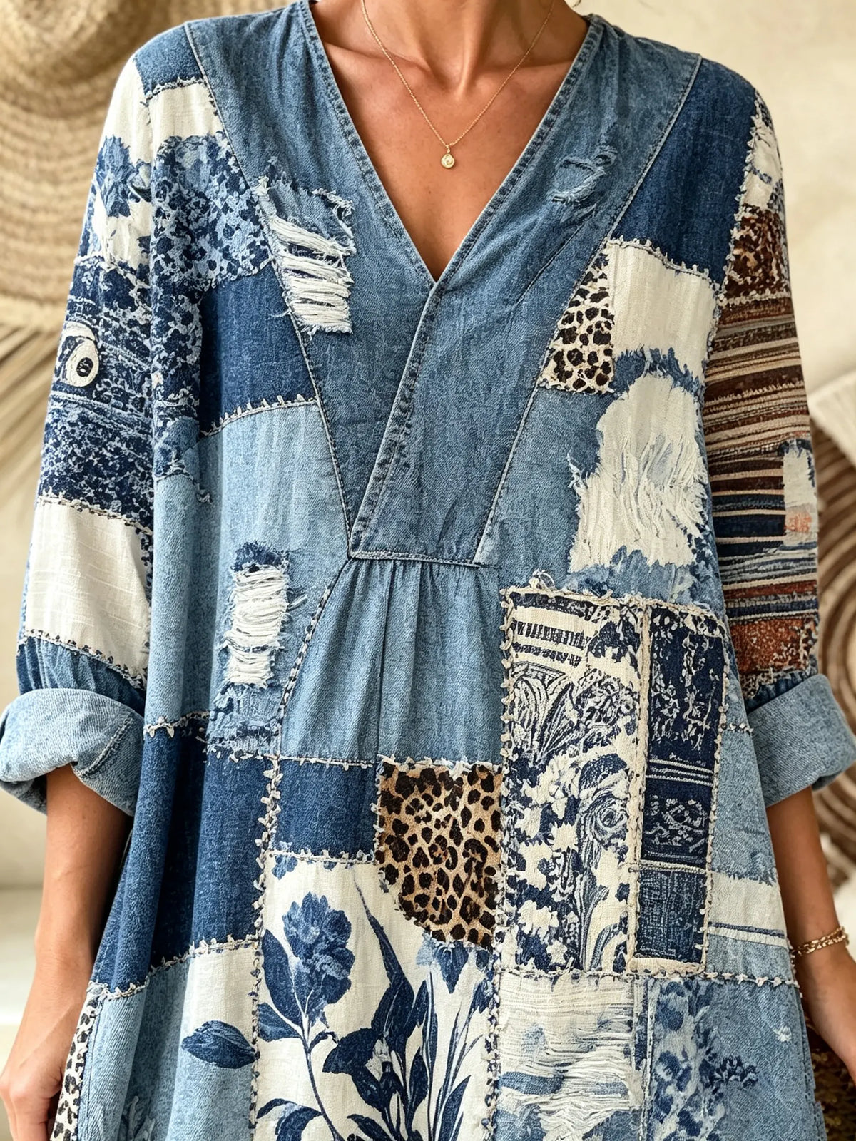 Women Vintage Patchwork Leopard Floral V-Neck 3/4 Sleeve Maxi Dress