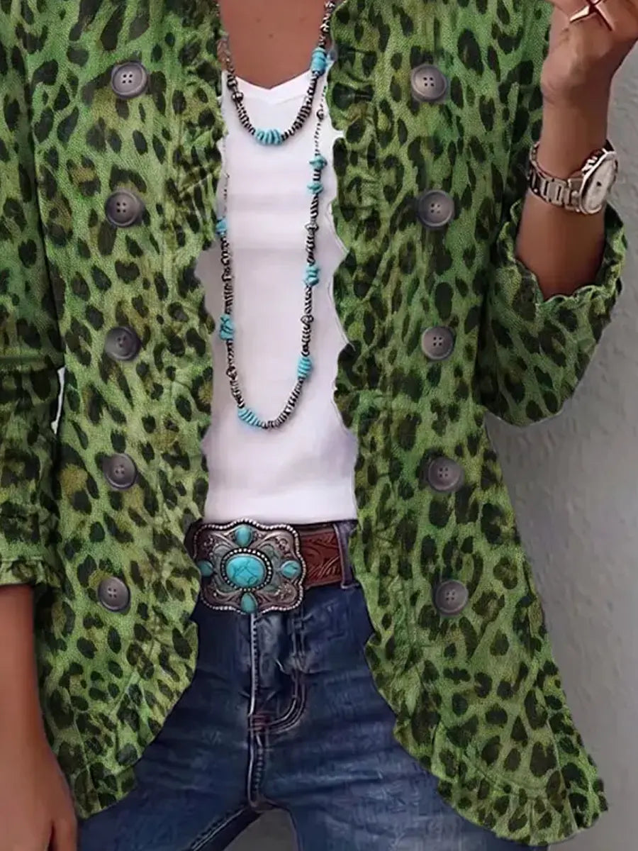 Retro Leopard Art Pattern Print Ruffle Casual Stylish Cotton Linen Lapel Coat
