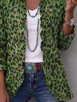 Retro Leopard Art Pattern Print Ruffle Casual Stylish Cotton Linen Lapel Coat