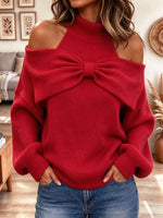 Retro Bow Off-shoulder Turtleneck Art Casual Stylish Long Sleeve Sweater