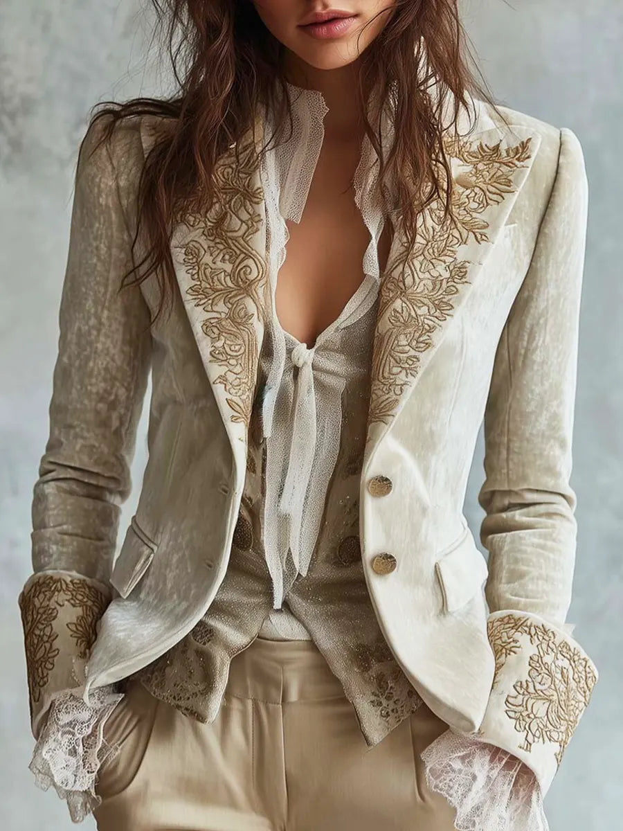 Retro Elegant Floral Art Casual Stylish Long Sleeve Velvet Blazer Coat