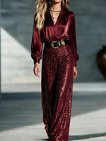 Glamorous V-Neck Long Sleeve Sequin Jumpsuit with Belt