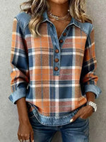 Retro Plaid Pattern Art Long Sleeve Casual Stylish Denim Patchwork Shirt