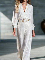 Glamorous V-Neck Long Sleeve Sequin Jumpsuit with Belt