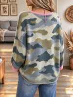 Women's Camouflage Color-blocked Print Pink Trim Crew Neck Knit Sweater