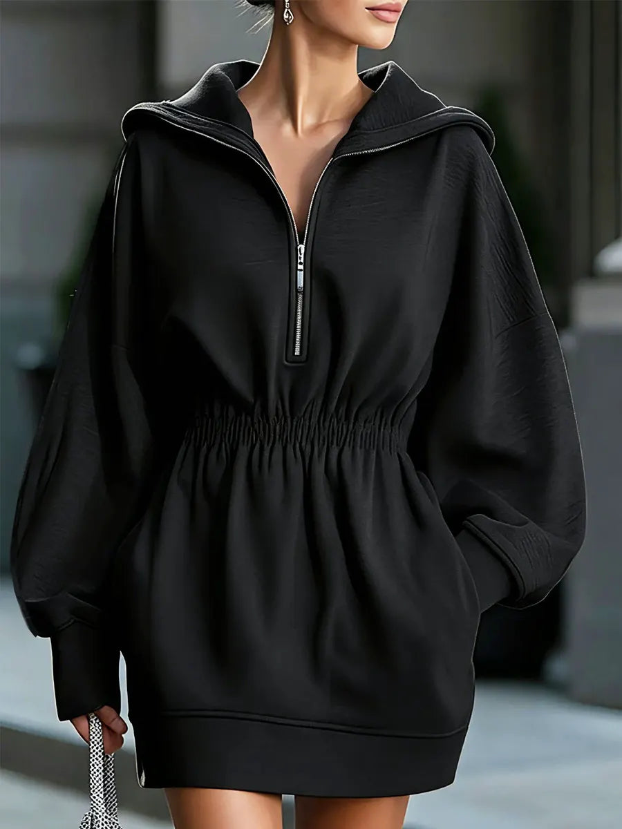 Retro Solid Color Hooded Art Casual Stylish Short Sweatshirt Mini Dress