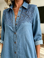 Women Solid Hollow Lace Spliced Long Sleeve Denim Shirt Mini Dress