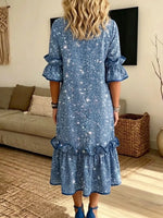 Retro Shiny Stars Pattern Art Print Casual Ruffle Stylish Cotton Linen Dress