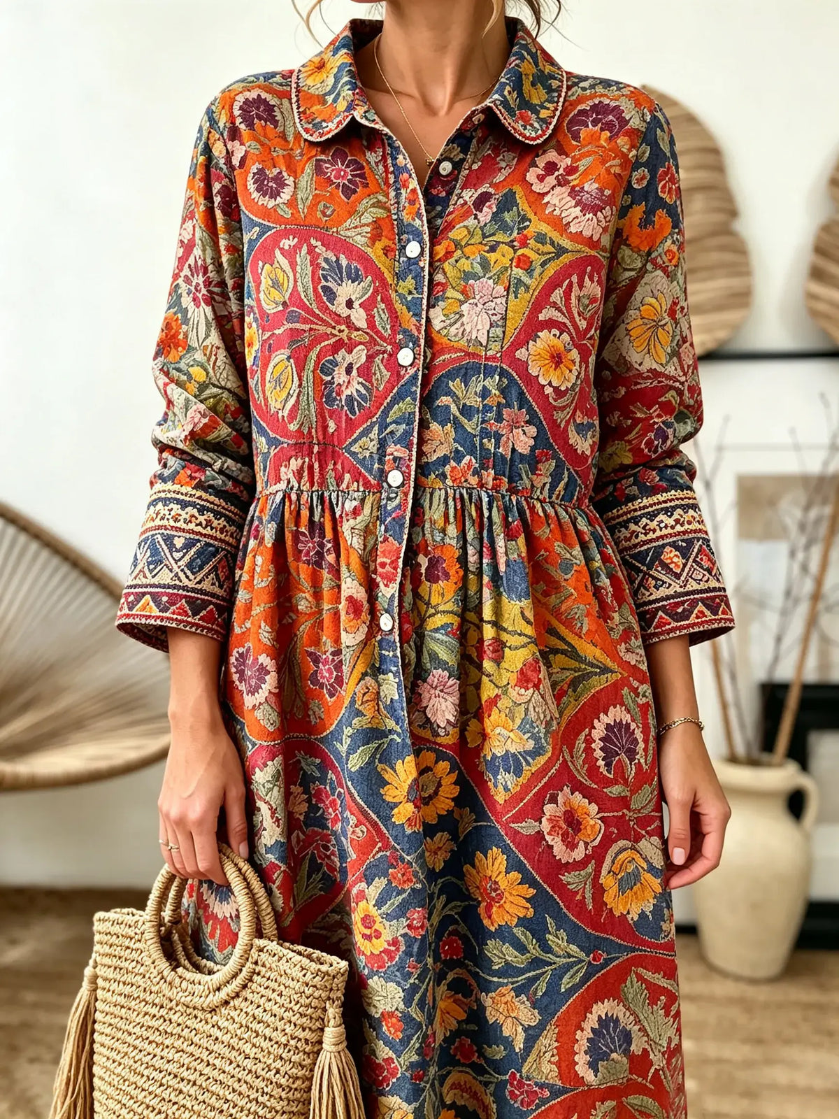 Women's Ethnic Floral Patchwork Print Collared Long Sleeve Maxi Dress
