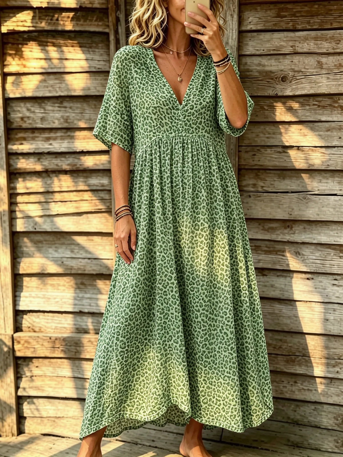 Women's Light Green Leopard Print V-Neck Empire Waist Maxi Dress