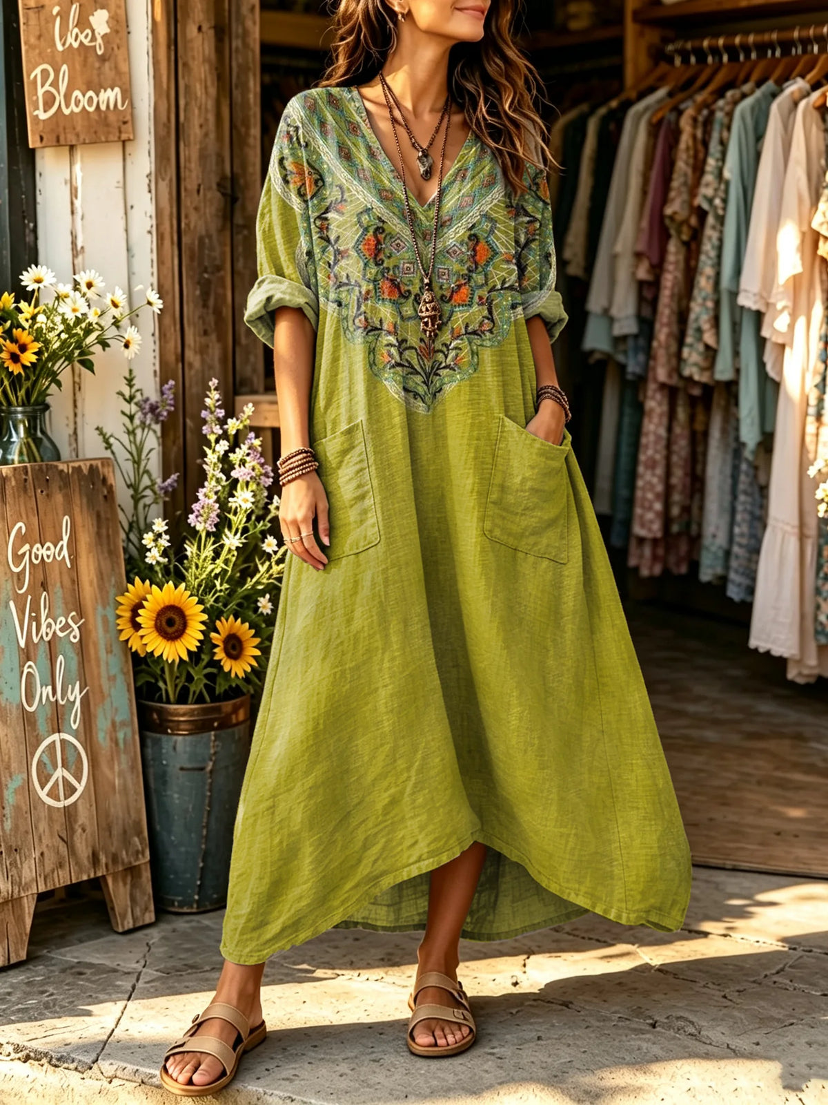 Women's Solid Body Ethnic Geometric Yoke Print V-neck Maxi Dress