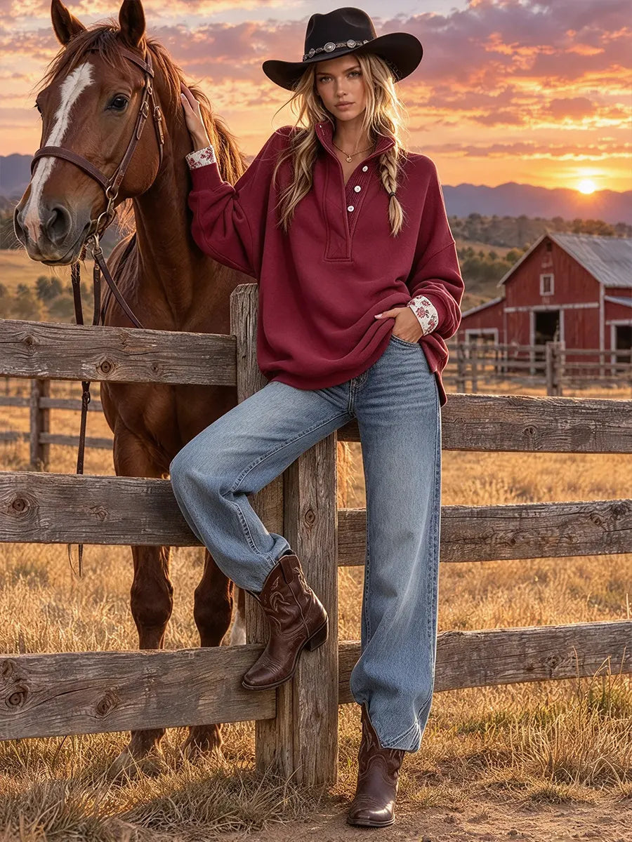 Women's Half Button Stand Collar Sweatshirt