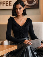 Women's Ruffle V Neck Ribbed Knit Top