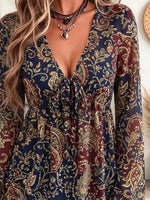 Retro Ethnic Floral Pattern Art Print Casual Stylish Long Sleeve Mesh V Collar Shirt