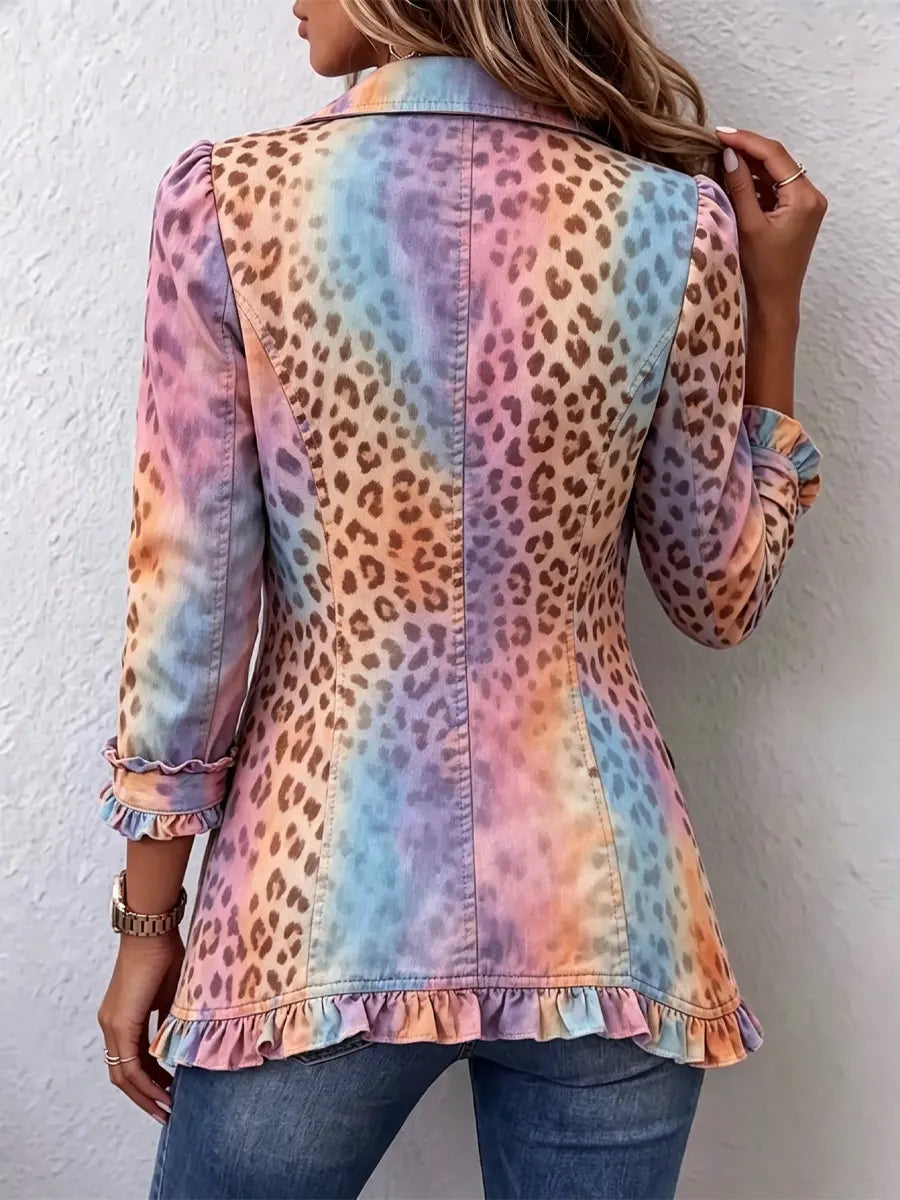 Retro Leopard Pattern Art Print Ruffle Casual Stylish Cotton Lapel Coat