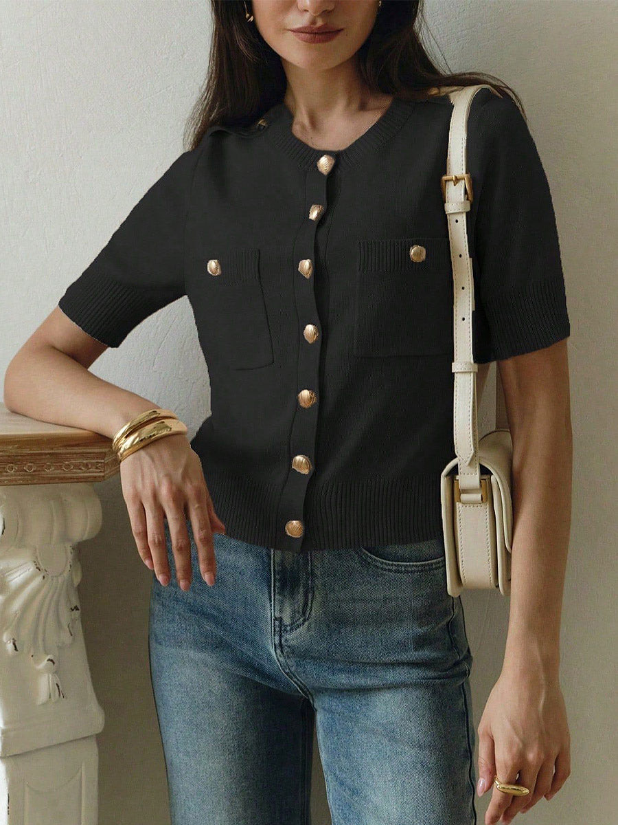 Elegant Button Pockets Short Sleeve Casual Knitted Cardigan Sweater