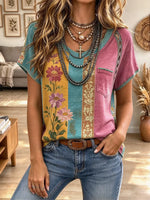 Women's V Neck Color Block Floral Print T-Shirt