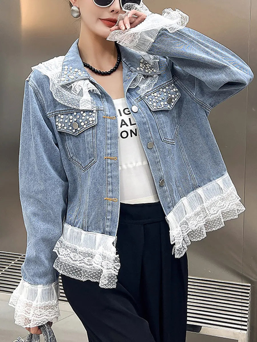 Retro Ruffled Lace Patchwork Pearls Art Casual Stylish Long Sleeve Denim Coat