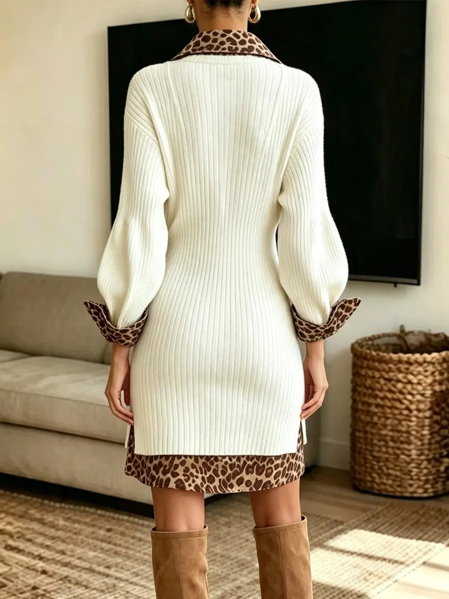 Retro Leopard Pattern Patchwork Art Casual Stylish Knitted Mini Dress
