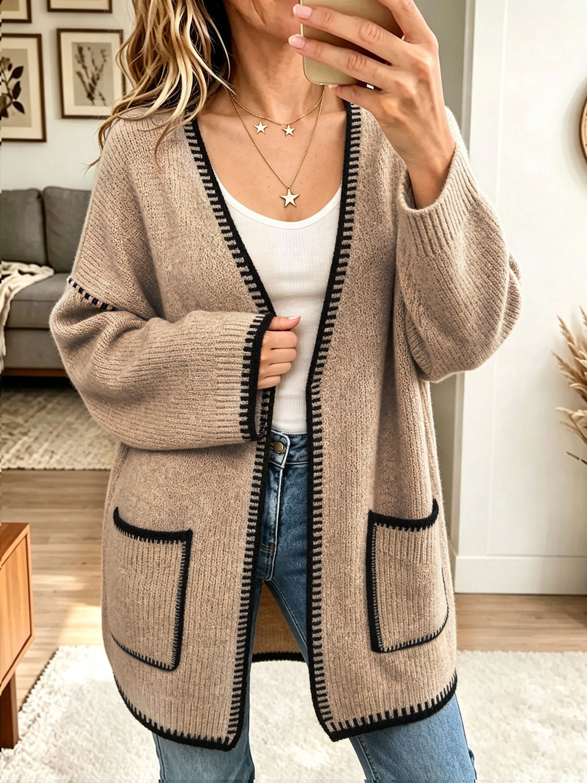 Women Contrast Stitch Trim Belted Open Front Knit Cardigan With Pockets