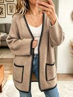 Women Contrast Stitch Trim Belted Open Front Knit Cardigan With Pockets