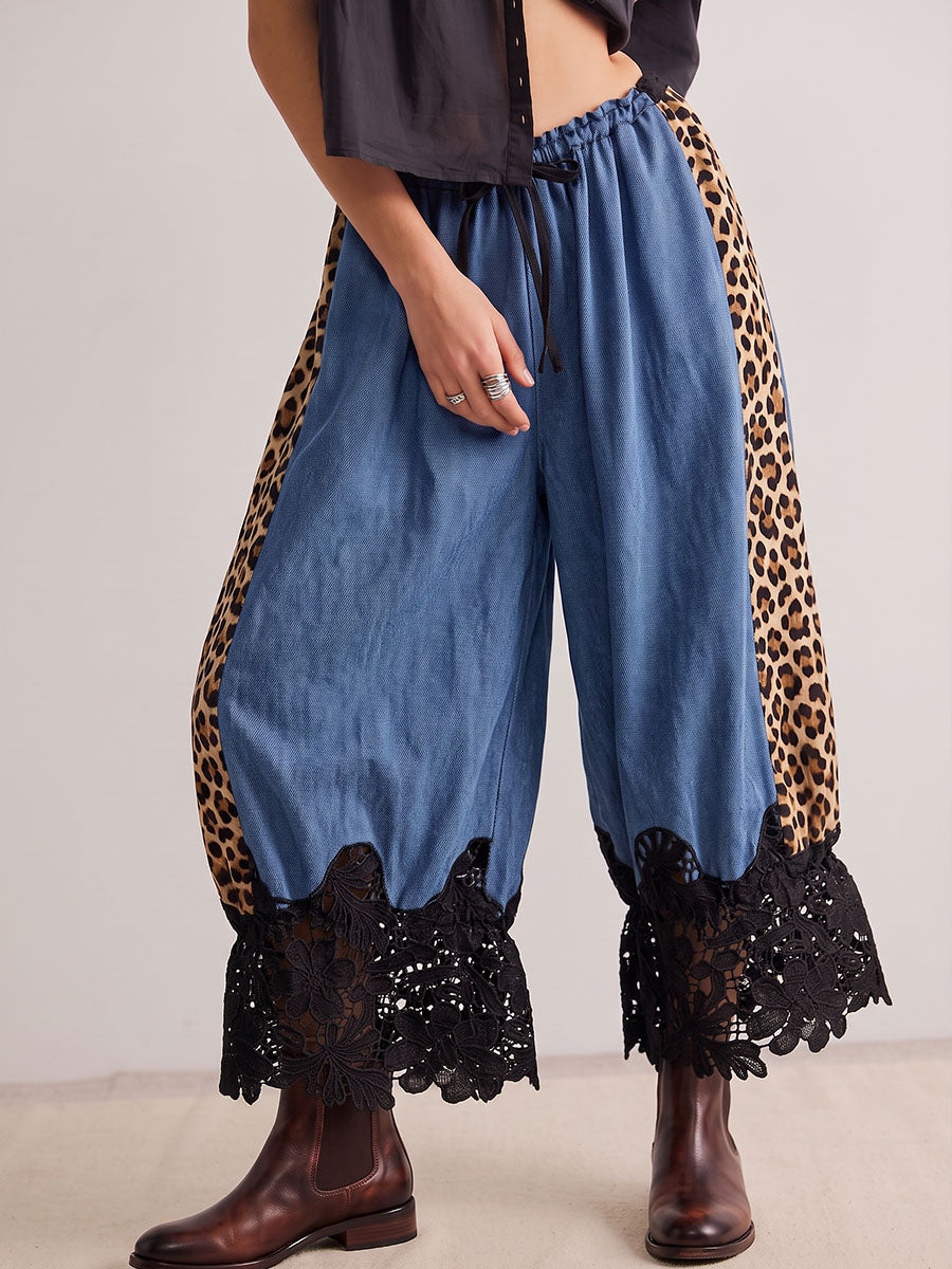 Vintage Elegant Hollowed Out Lace Patchwork Denim Jeans Pants