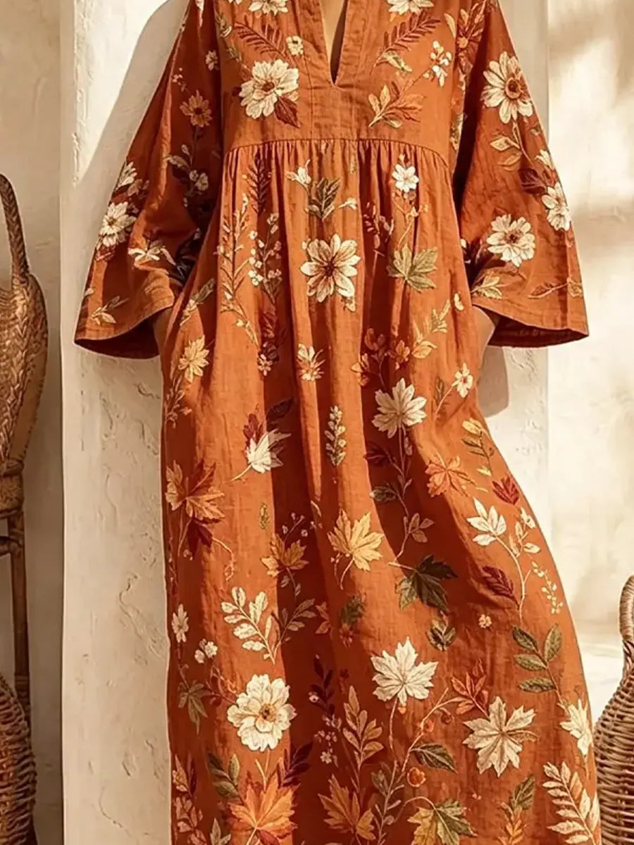 Retro Floral Pattern Art Print Casual V-neck Cotton Linen Maxi Dress