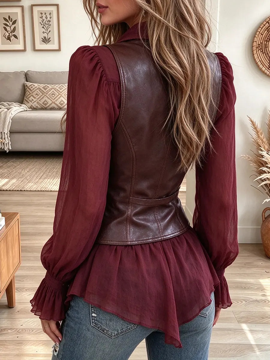 Women's Ruffled Shirt Faux Leather Vest Two-piece Set