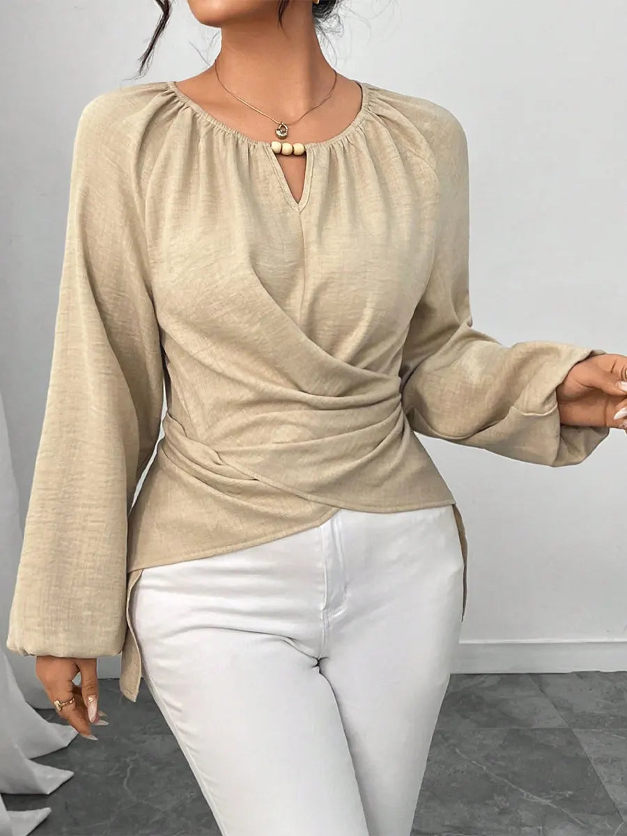 Retro Elegant Solid Color Round Collar Casual Long Sleeve Wrap Stylish Shirt
