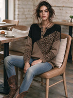 Women's Leopard Print Color Block Henley Collar Long-sleeve Knit Top