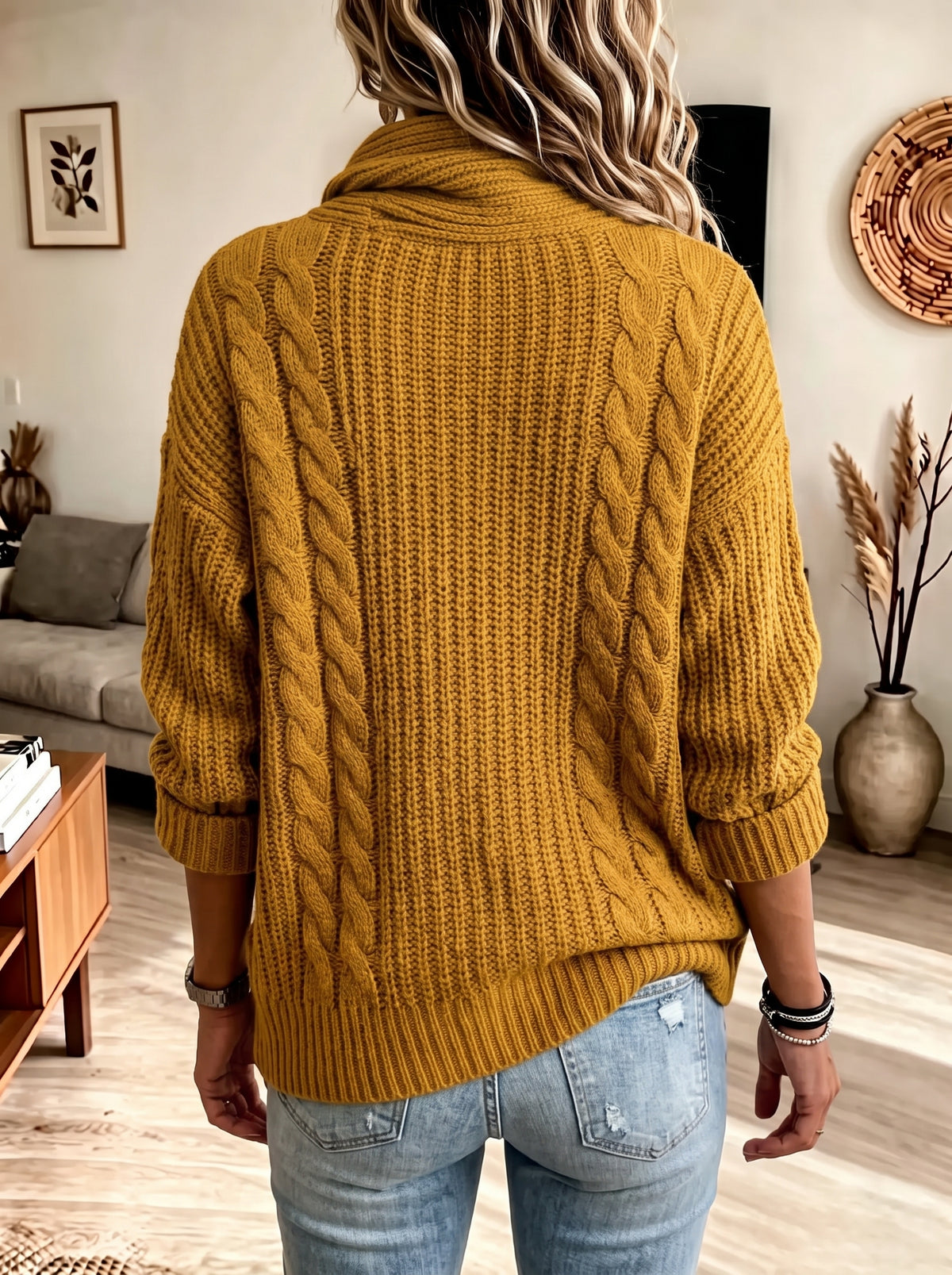 Cozy Mustard Cowl Neck Asymmetric Button Wrap Sweater