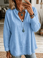 Retro Solid Color Art V Collar Casual Long Sleeve Cotton Linen Shirt